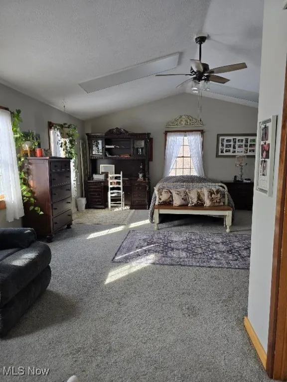 Carpeted bedroom with a ceiling fan, vaulted ceiling, and a textured ceiling