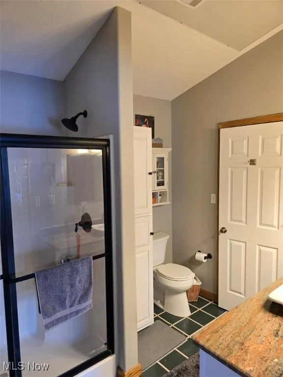 Bathroom featuring lofted ceiling, a shower stall, toilet, and vanity