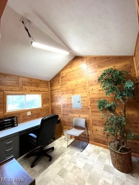  Second office with knotty pine & textured ceiling and vaulted ceiling