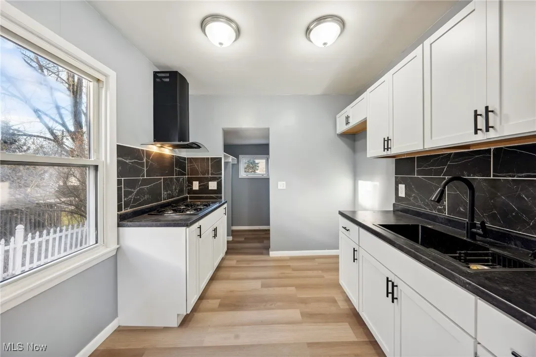 Kitchen with a sink, baseboards, ventilation hood, light wood finished floors, and dark countertops