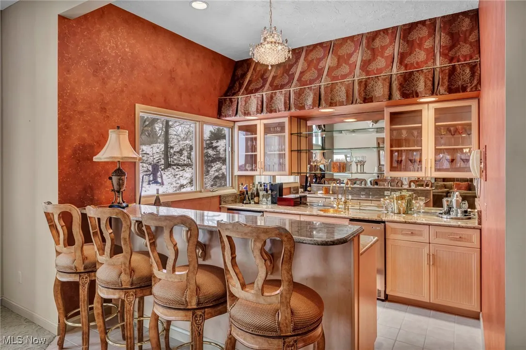 Chrystal Chandelier., granite countertop, 2024 ice maker and beverage refridge, gold plated bar sink and tons of storage cabinetry.