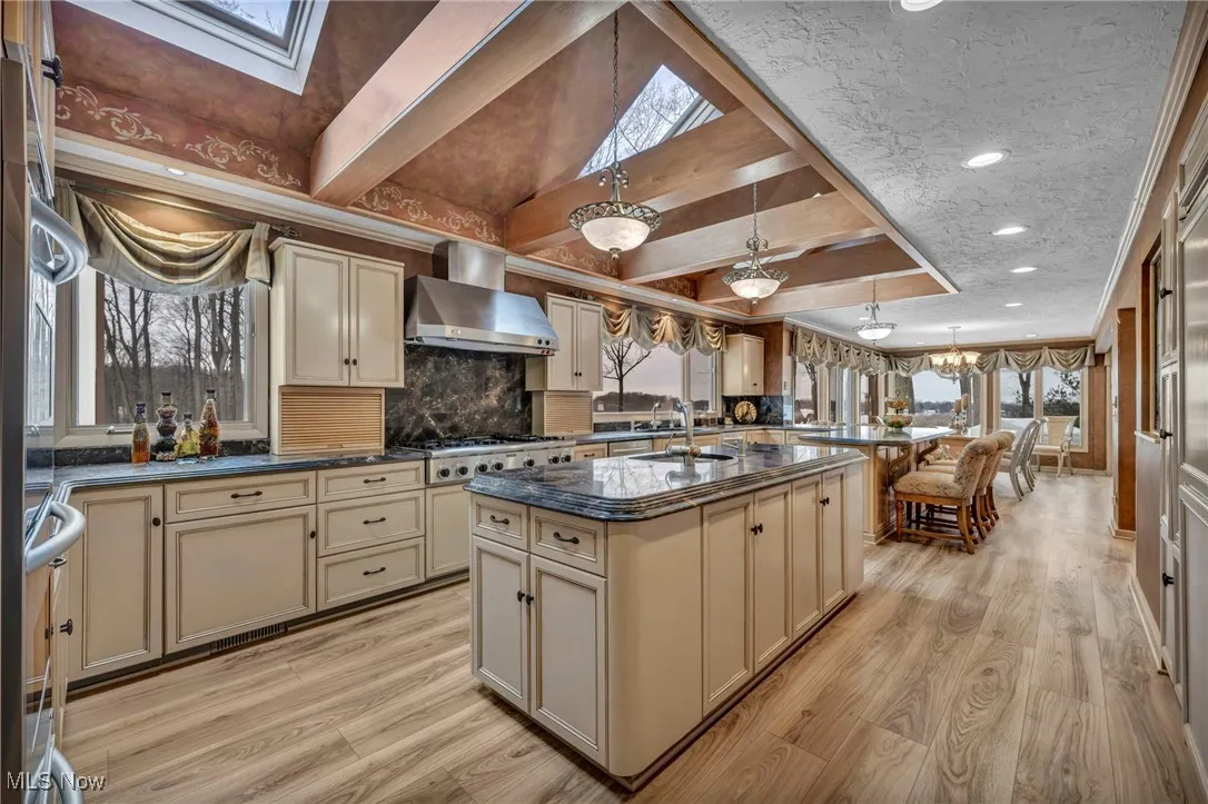 Tons of storage including walk in pantry, 2 dishwashers, 2 sinks, 3 skylights, countertops galore! Newer Karastan Deluxe Vinyl flooring!