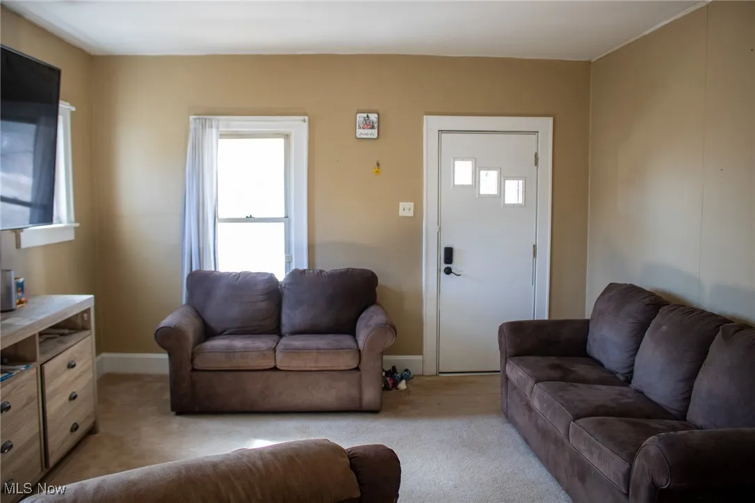 Living room with light colored carpet and baseboards