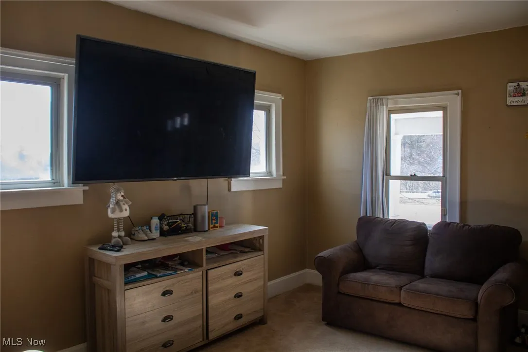 Living area featuring light carpet and baseboards