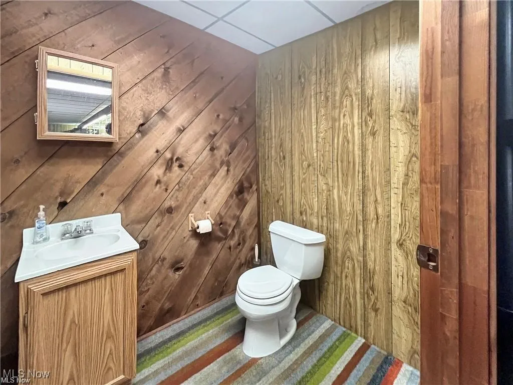 Half bathroom featuring vanity, toilet, and wooden walls