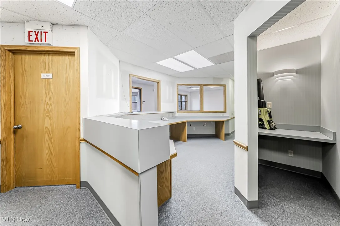 Kitchen with a peninsula, a drop ceiling, and carpet flooring