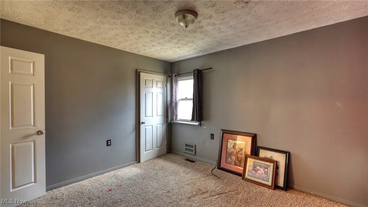 Empty room featuring visible vents, a textured ceiling, baseboards, and carpet flooring