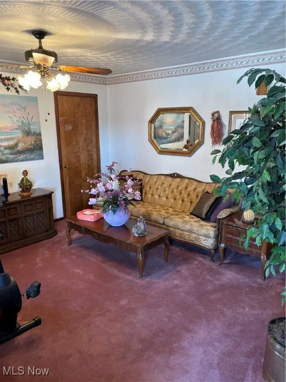 Living area featuring carpet floors and a ceiling fan