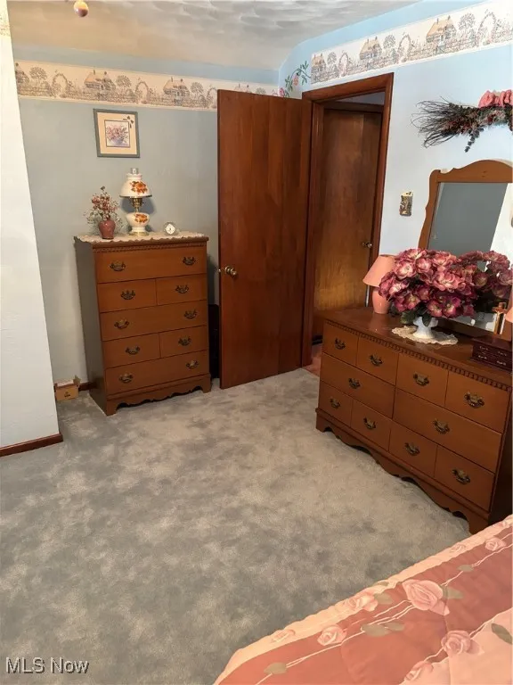 Bedroom featuring light colored carpet