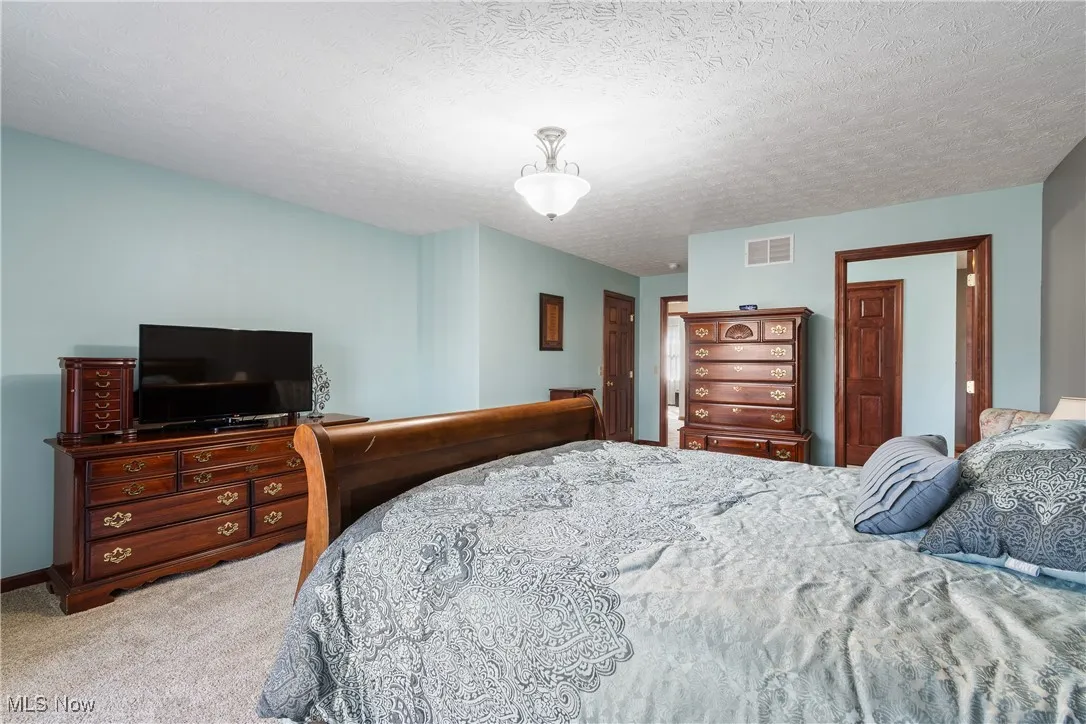 Bedroom with a textured ceiling, baseboards, visible vents, and light colored carpet