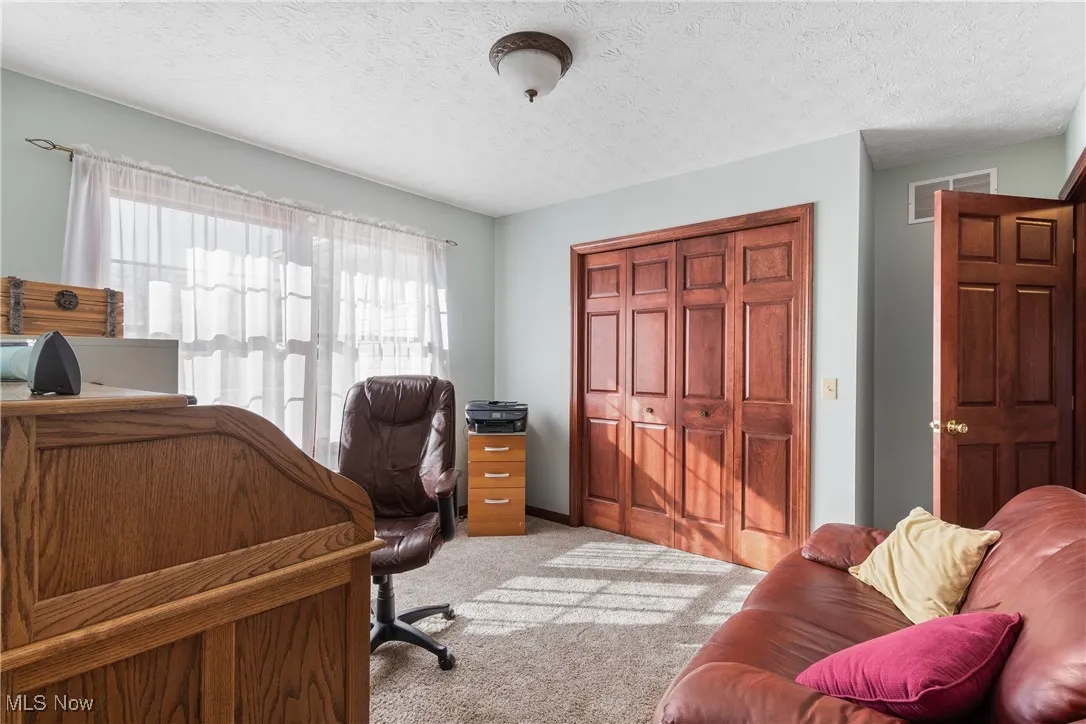Office with light carpet, visible vents, a textured ceiling, and a wealth of natural light