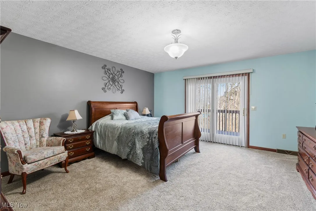 Bedroom with access to exterior, baseboards, a textured ceiling, and light colored carpet