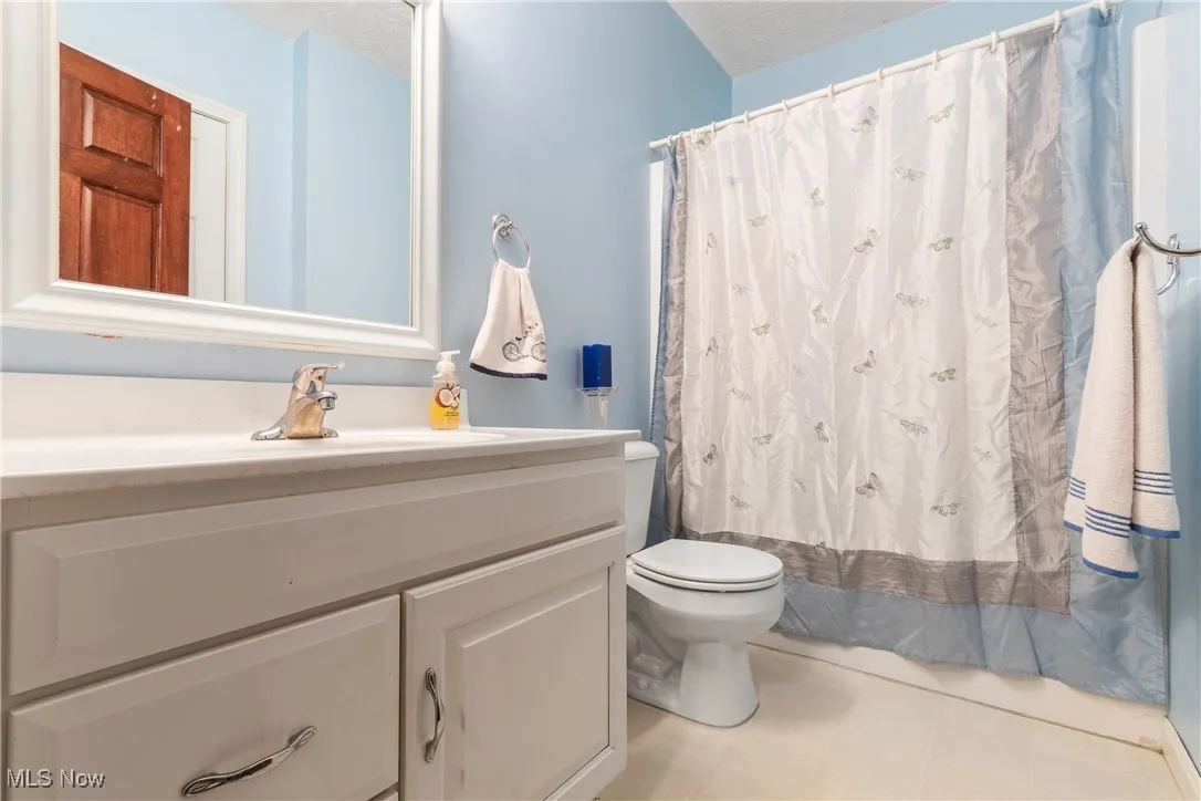 Bathroom featuring vanity, toilet, and a shower with curtain