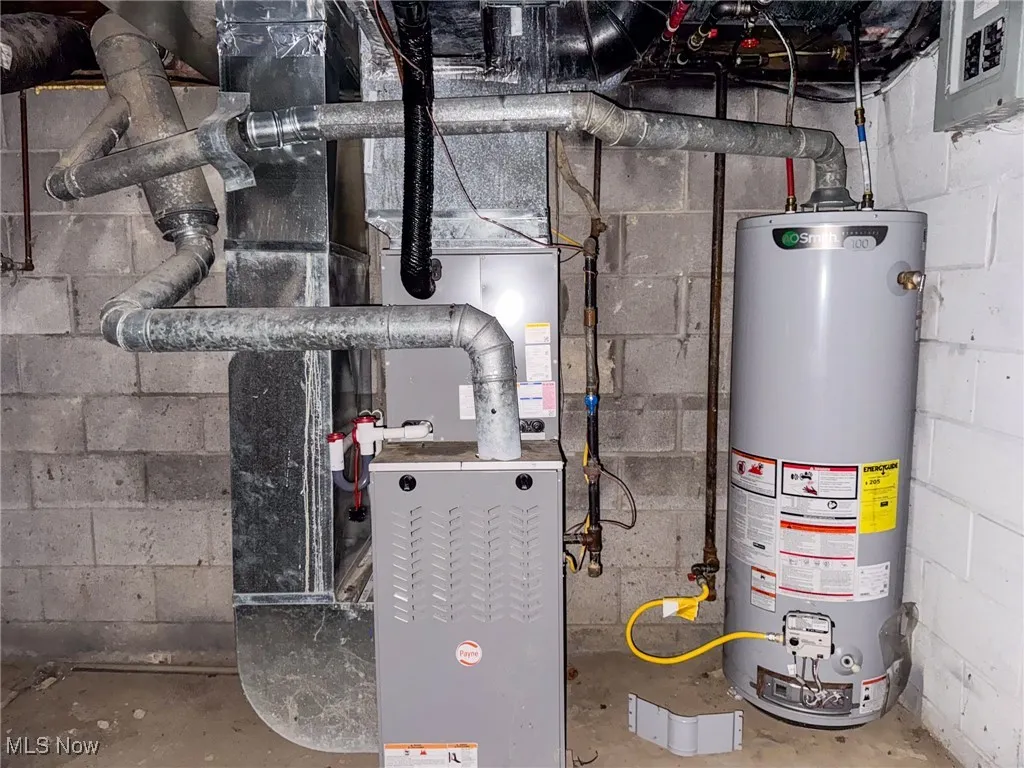 Utility room featuring electric panel and water heater