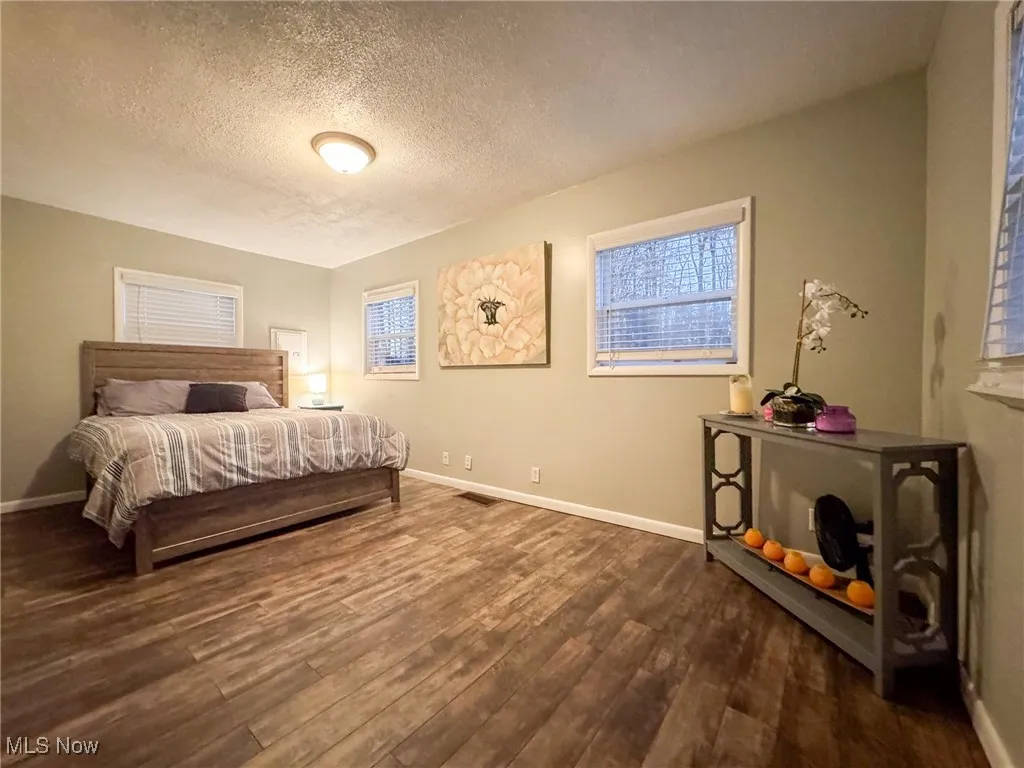 Bedroom featuring visible vents, multiple windows, baseboards, and dark wood-style flooring
