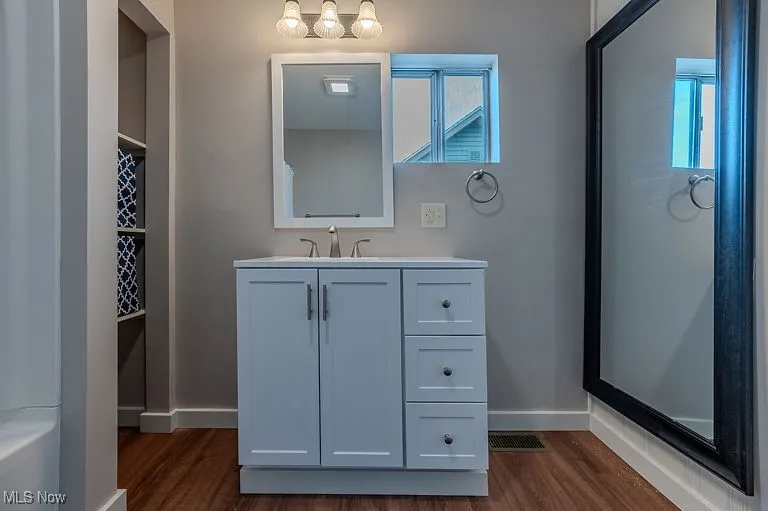 Bathroom with plenty of natural light, vanity, and wood finished floors
