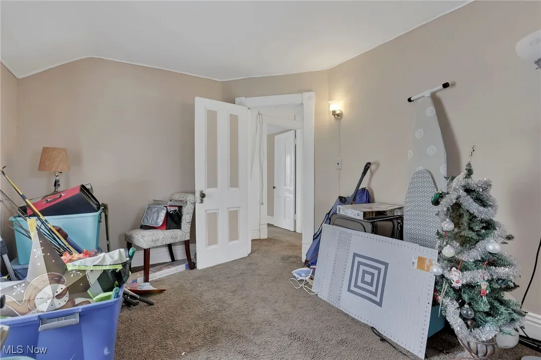 Misc room with carpet floors and vaulted ceiling