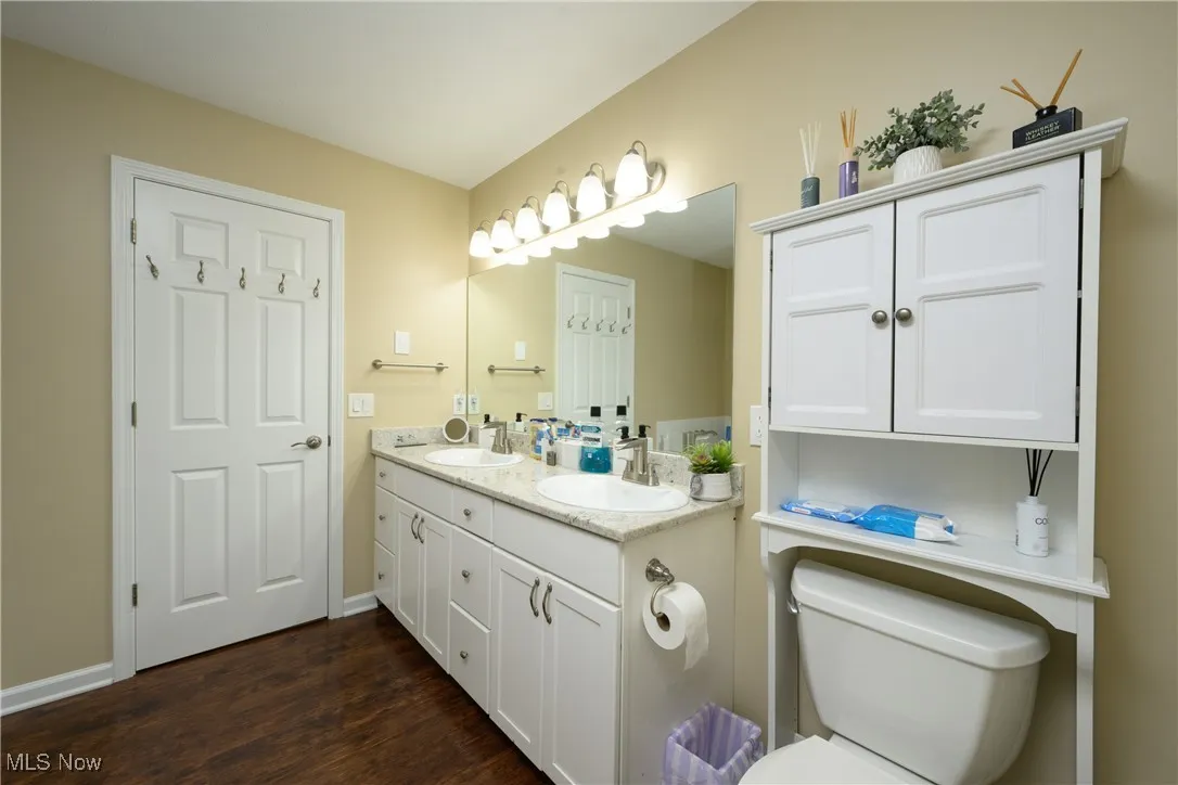 Bathroom featuring double vanity, toilet, wood finished floors, and a sink