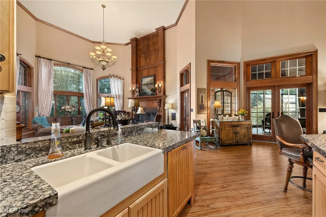 Kitchen featuring light wood-type flooring, ornamental molding, a fireplace, a towering ceiling, and a sink