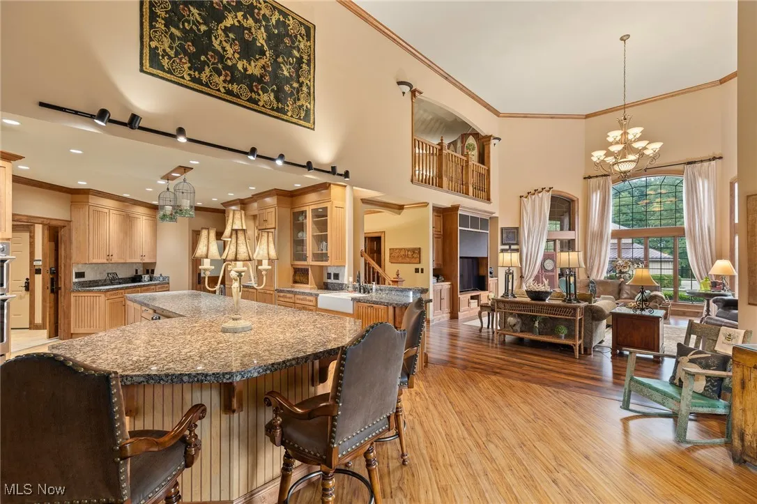 Kitchen with a kitchen breakfast bar, a towering ceiling, open floor plan, and light wood finished floors