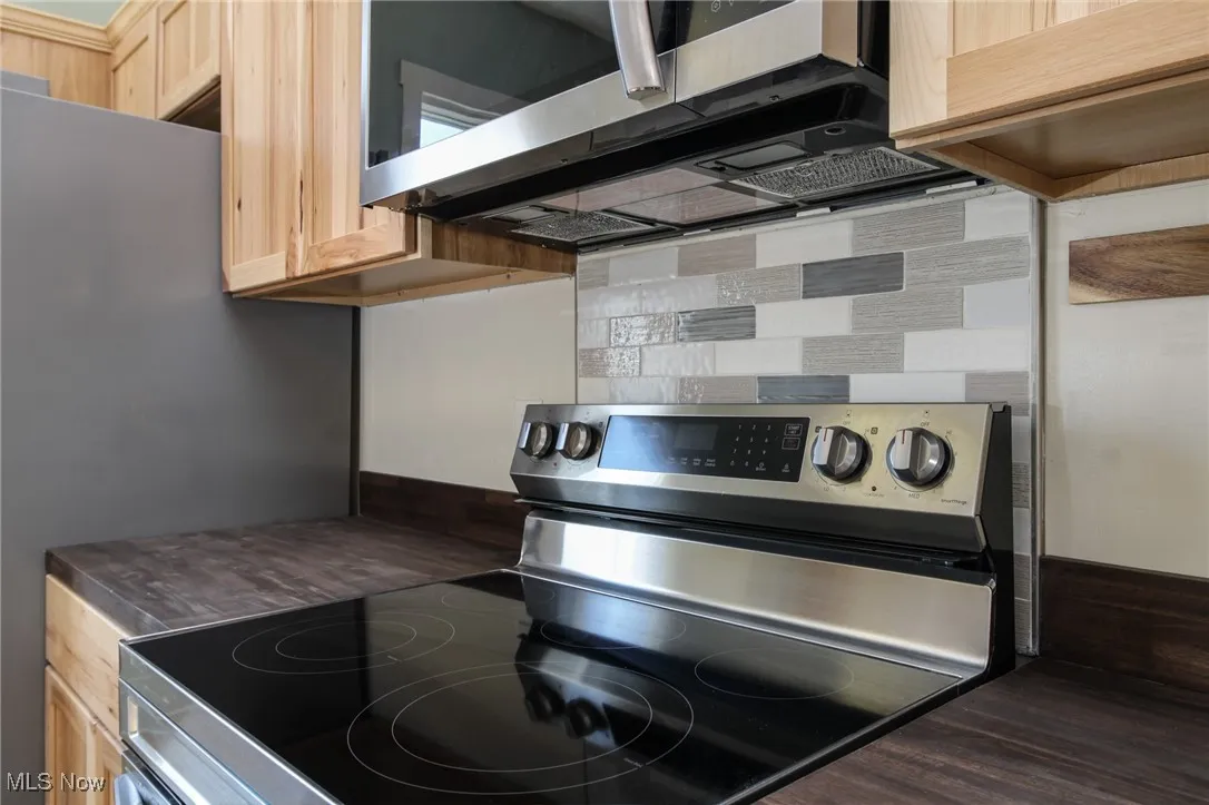 Kitchen with light brown cabinetry, stainless steel appliances, tasteful backsplash, and dark wood-style flooring