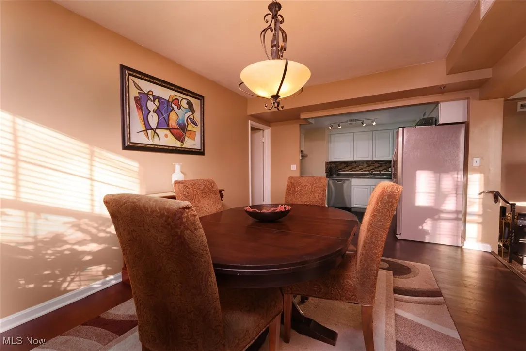 Dining area with baseboards and dark wood-style flooring