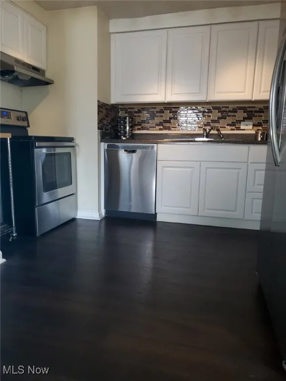 Kitchen with under cabinet range hood, appliances with stainless steel finishes, and white cabinetry