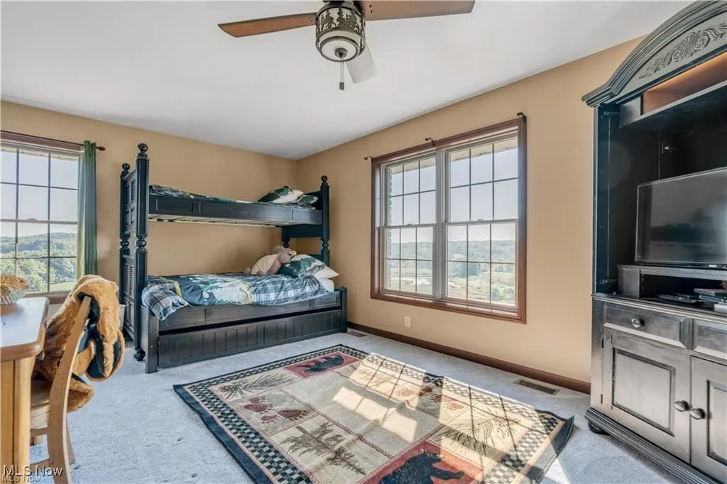 Carpeted bedroom featuring visible vents, baseboards, and ceiling fan