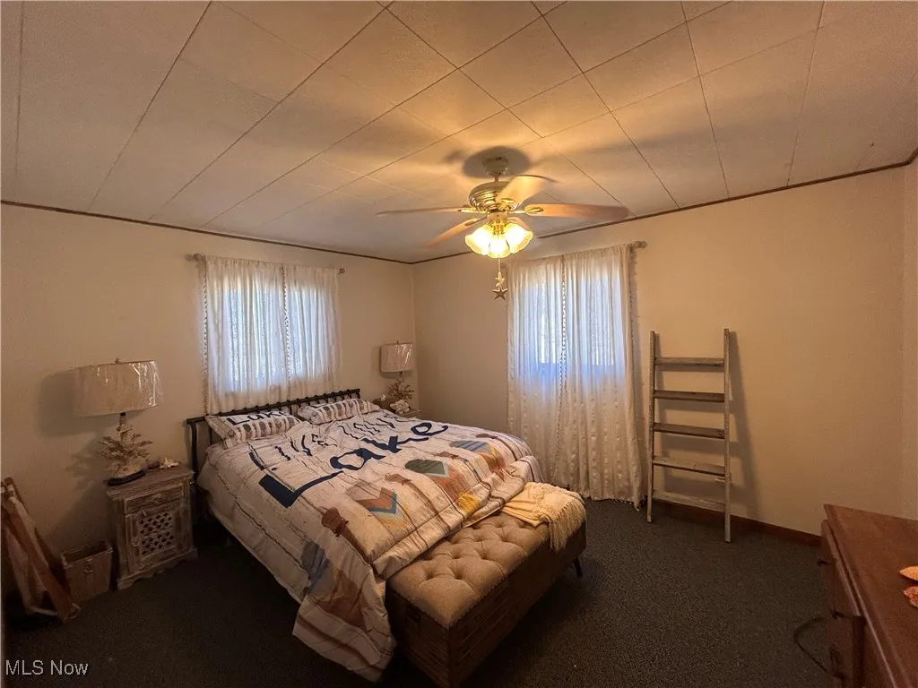 Bedroom featuring dark carpet and ceiling fan