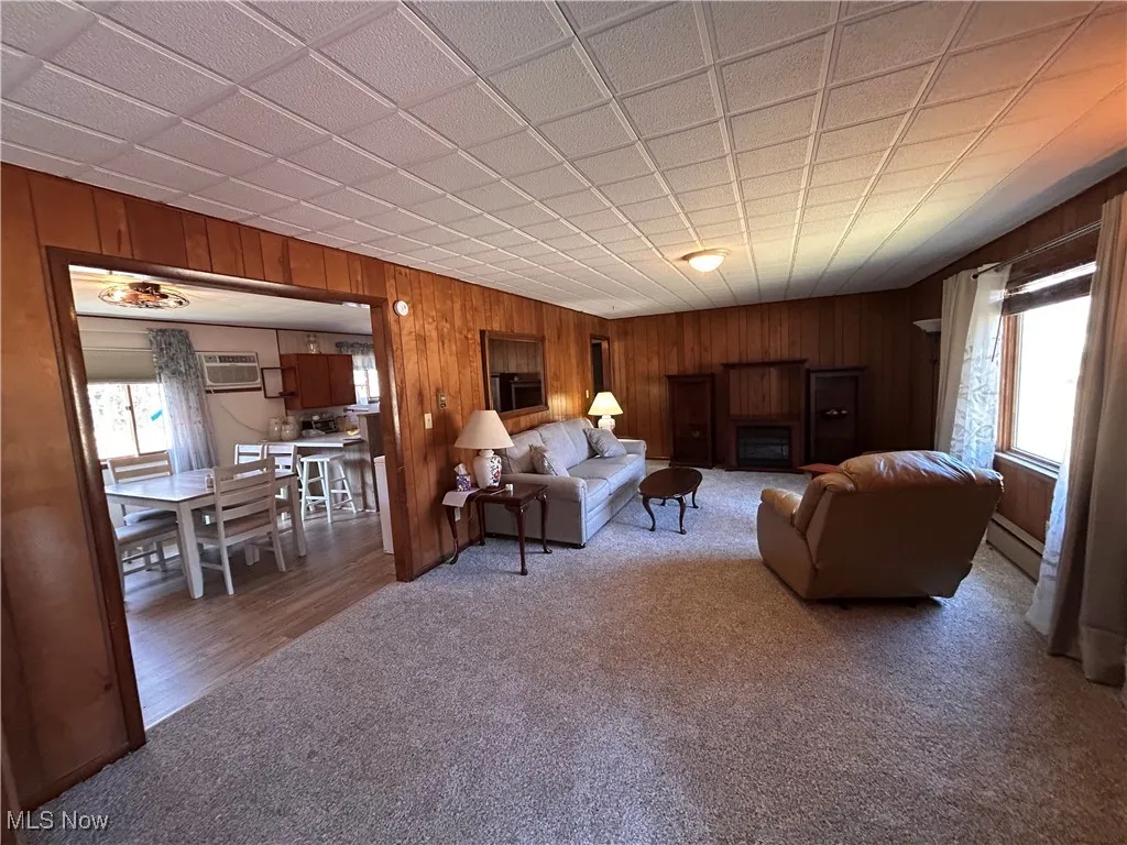 Living room featuring a wealth of natural light, carpet floors, an AC wall unit, and a baseboard radiator