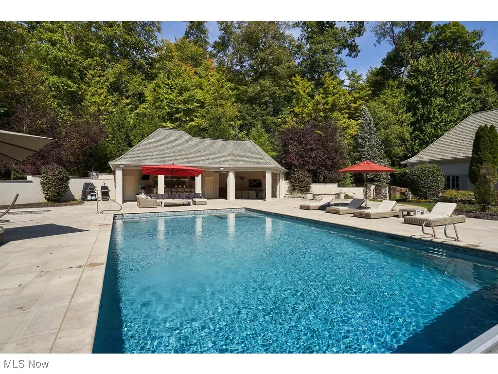 Outdoor pool with a storage structure, a patio, an outdoor structure, and fence