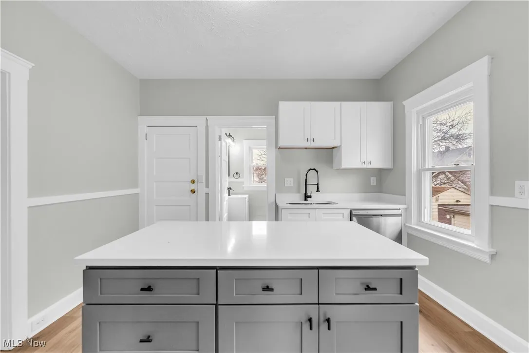 Kitchen featuring a sink, dishwasher, gray cabinets, and a healthy amount of sunlight