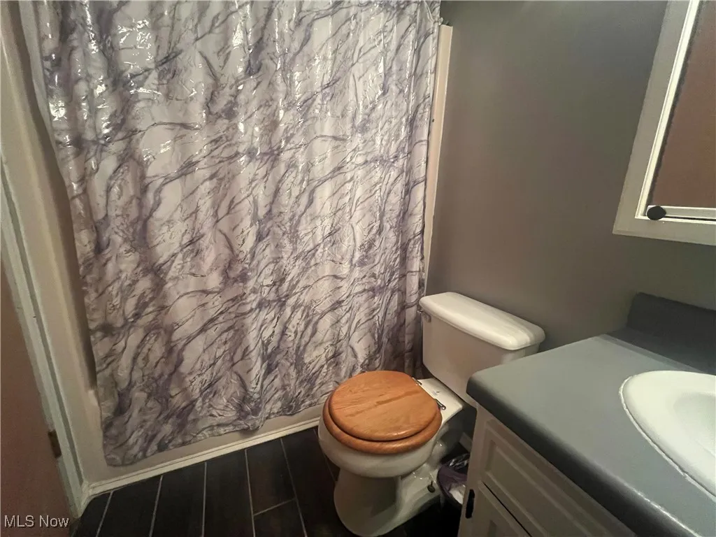Bathroom featuring vanity, toilet, and wood finished floors