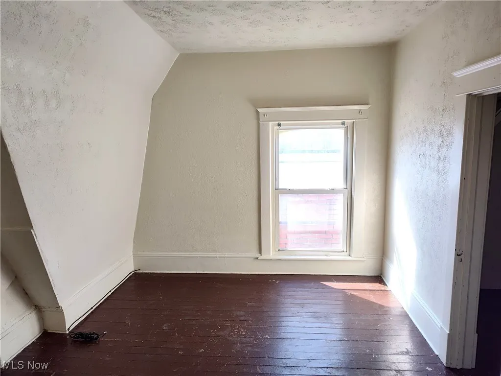 Additional living space featuring baseboards, lofted ceiling, a textured wall, and hardwood / wood-style flooring