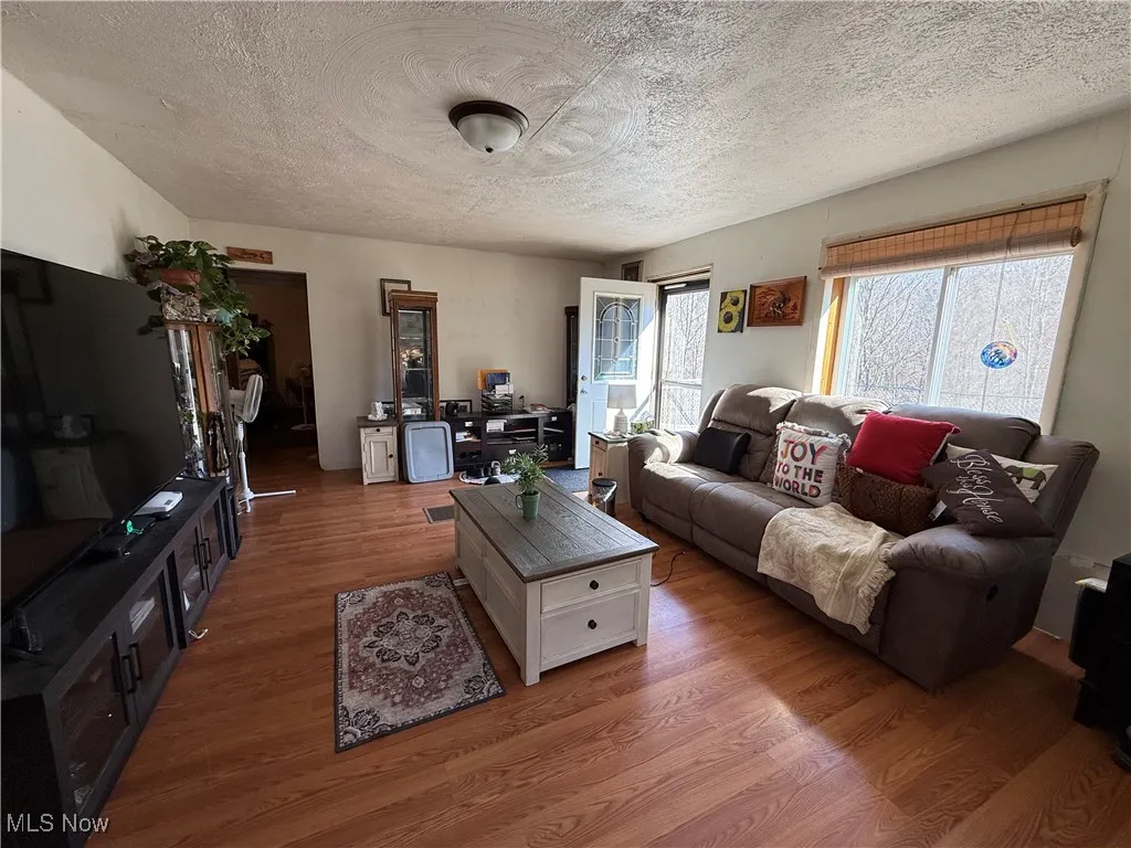 Living room with a textured ceiling and wood finished floors