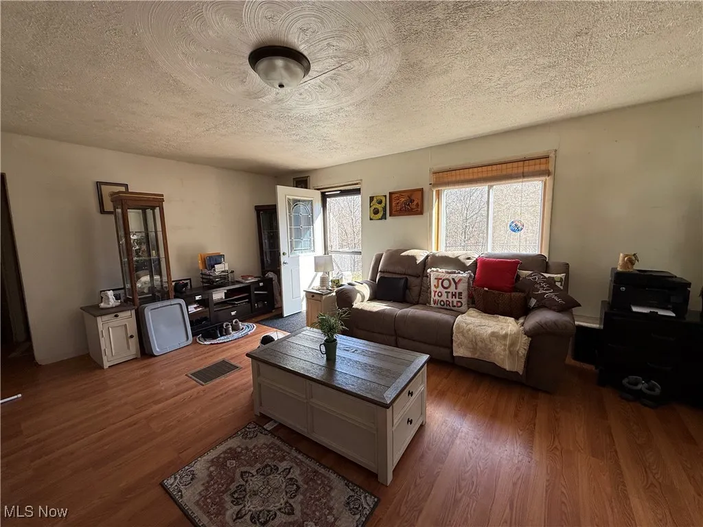 Living room with wood finished floors, visible vents, and a textured ceiling