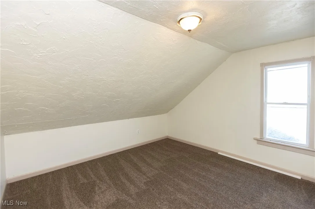 Additional living space featuring lofted ceiling, baseboards, dark colored carpet, and a textured ceiling