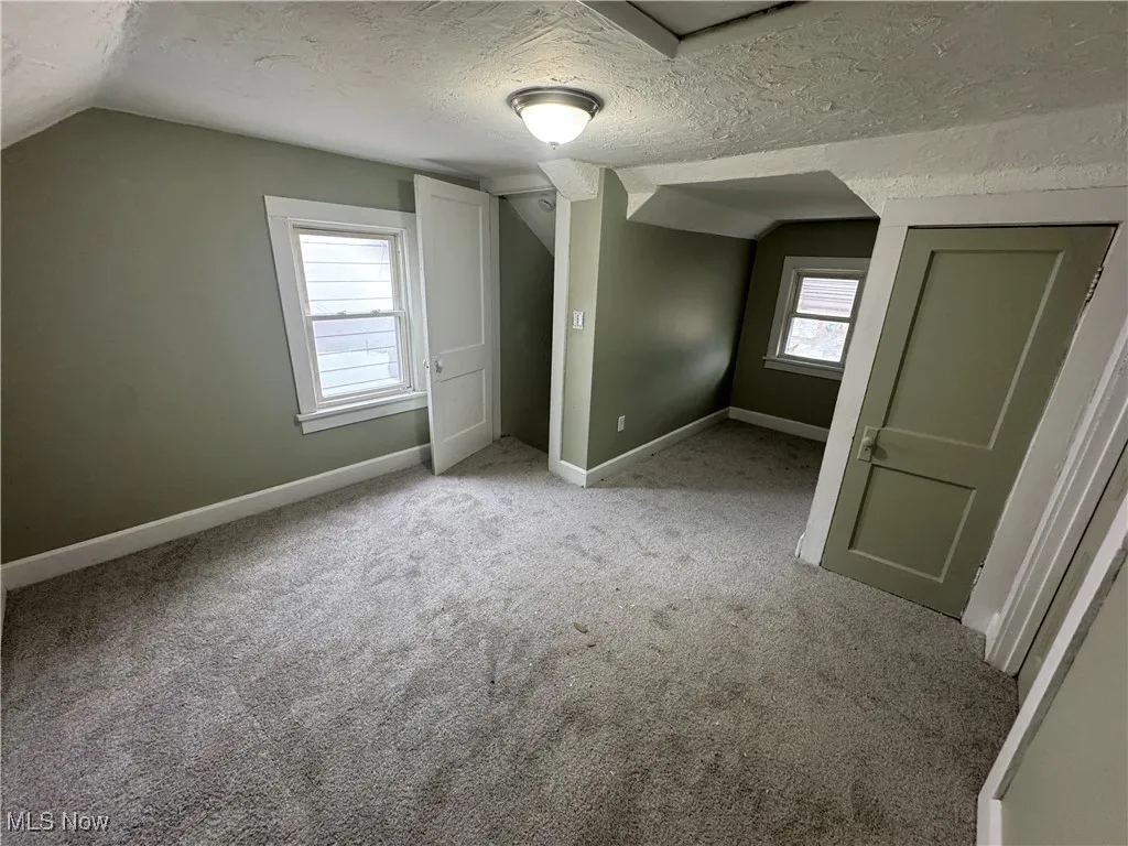 Additional living space featuring plenty of natural light, a textured ceiling, baseboards, and carpet floors