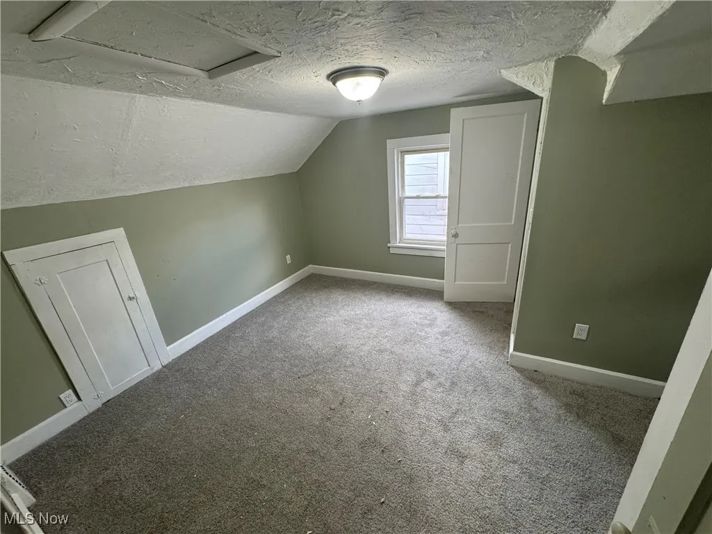 Bonus room featuring lofted ceiling, a textured ceiling, carpet floors, baseboards, and attic access