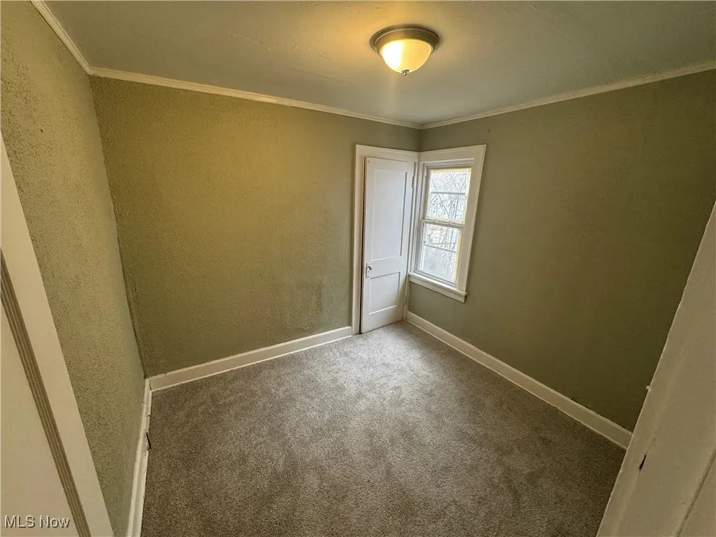 Carpeted spare room featuring a textured wall, baseboards, and ornamental molding