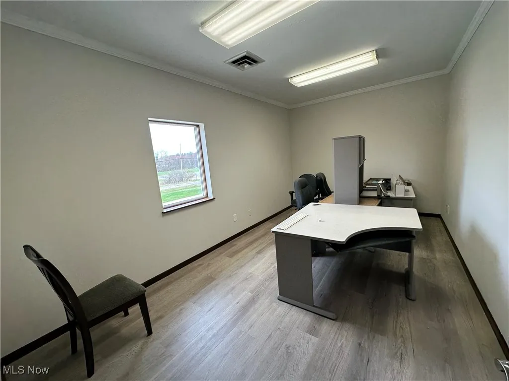 Home office featuring light wood finished floors, baseboards, visible vents, and ornamental molding