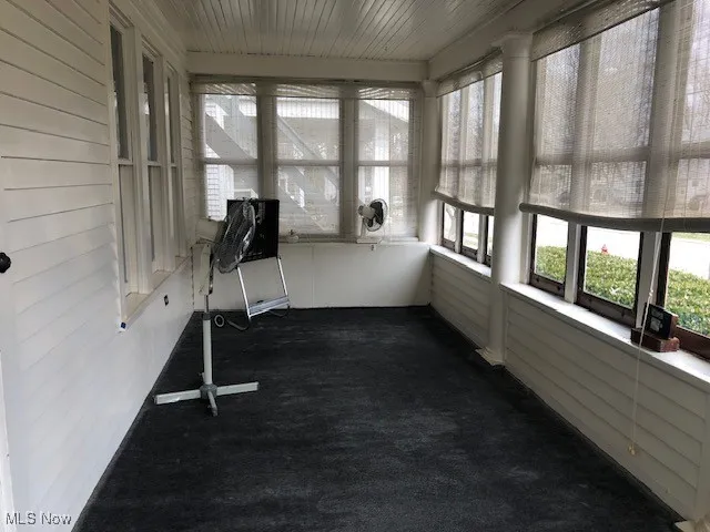 Unfurnished sunroom featuring carpet, a healthy amount of sunlight, and wood walls