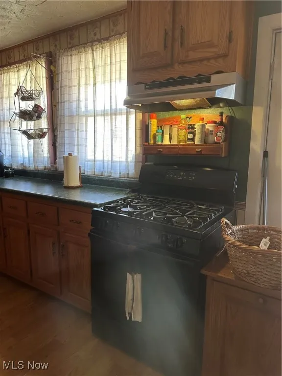 Kitchen featuring black gas stove, light wood-style floors, range hood, tasteful backsplash, and dark countertops