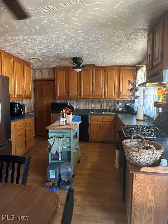 Kitchen with Amish oak cabinetry, refrigerator, range, and a sink
