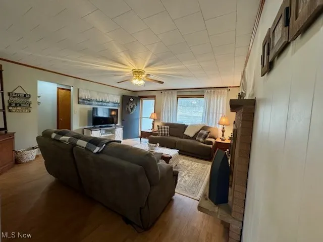 Living room featuring dark wood-type flooring, ceiling fan, and ornamental molding