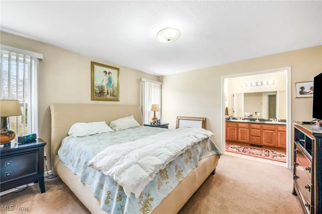 Bedroom with light colored carpet, ensuite bathroom, and a sink