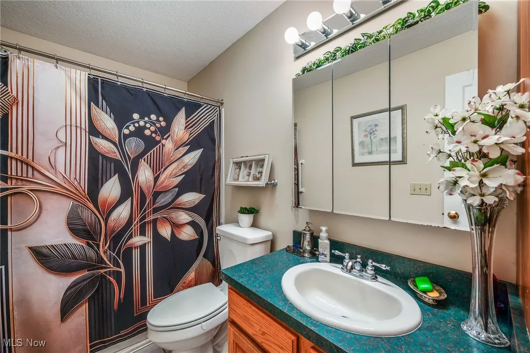 Full bath featuring toilet, vanity, a shower with shower curtain, and a textured ceiling
