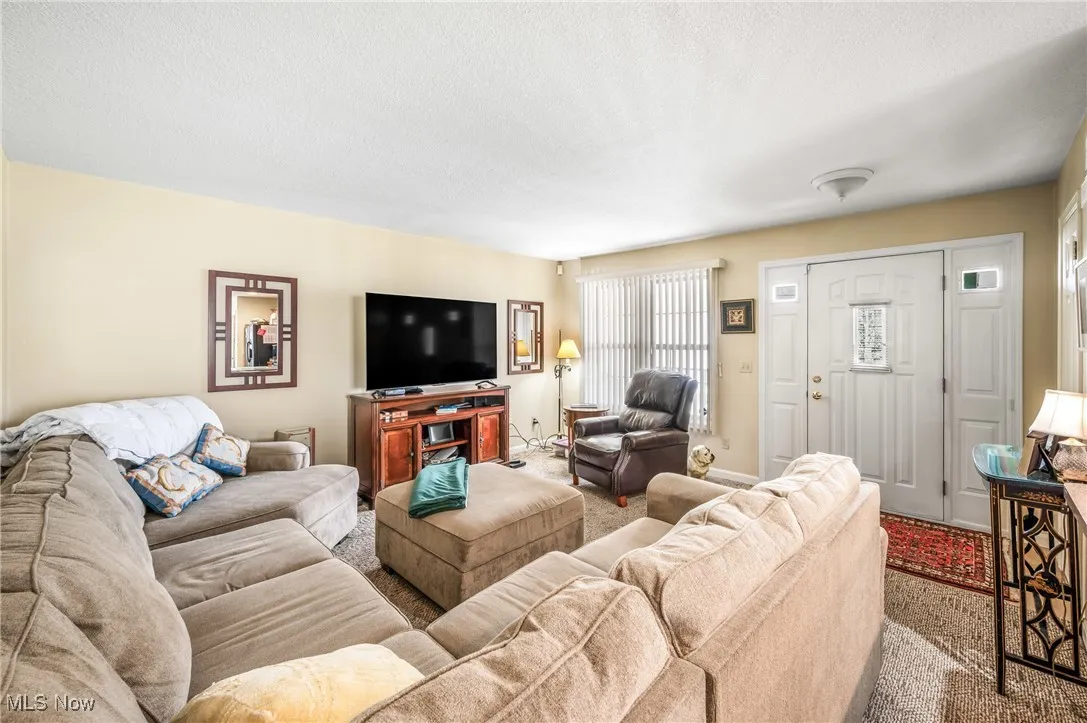 Living room with carpet flooring and a textured ceiling