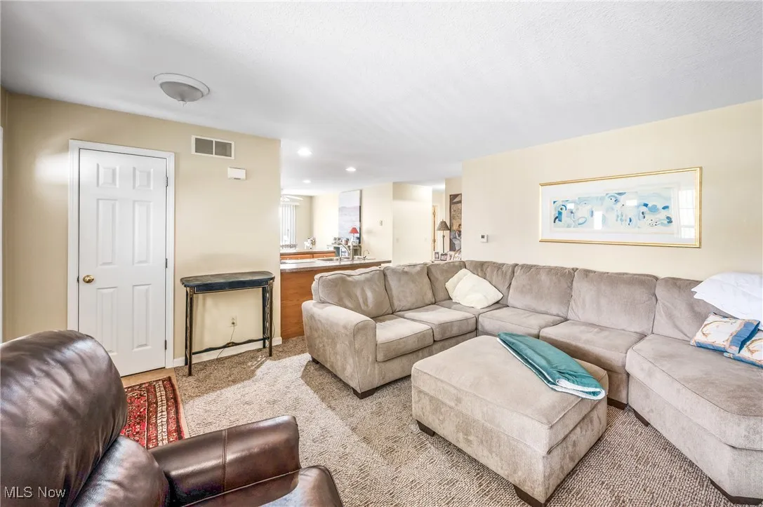 Living area featuring carpet floors, visible vents, and recessed lighting