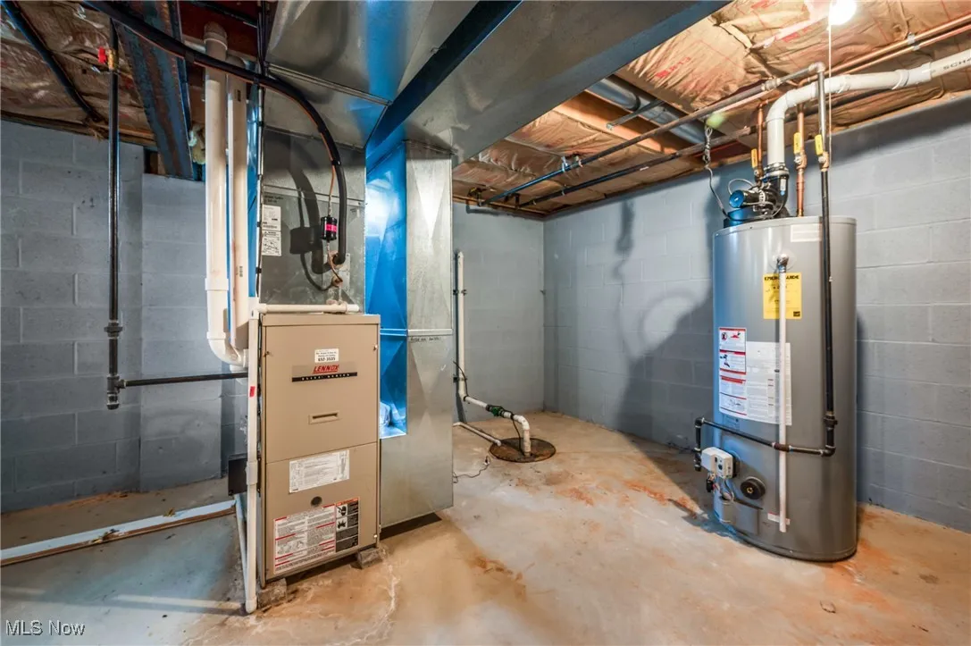 Unfinished below grade area with water heater and heating unit